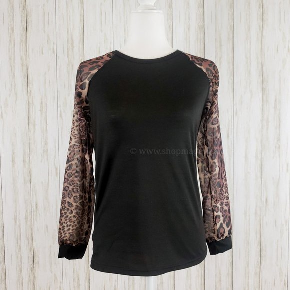 {Unbranded} Leopard Sheer Sleeve Shirt in Black - Picture 1 of 4